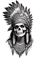 aztec warrior girl skeletal face with an Aztec-inspired headdress, blending death and warrior symbolism feathers tattoo design idea