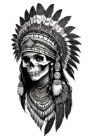 aztec warrior girl skeletal face with an Aztec-inspired headdress, blending death and warrior symbolism feathers tattoo design idea