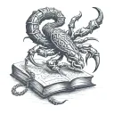 A sinister scorpion crawling out of an ancient book, with runes from old Norse Pagan mythology tattoo design idea