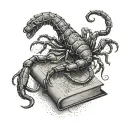 A sinister scorpion crawling out of an ancient book, with runes from old Norse Pagan mythology tattoo design idea