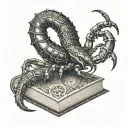 A sinister scorpion crawling out of an ancient book, with runes from old Norse Pagan mythology tattoo design idea