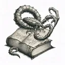 A sinister scorpion crawling out of an ancient book, with runes from old Norse Pagan mythology tattoo design idea
