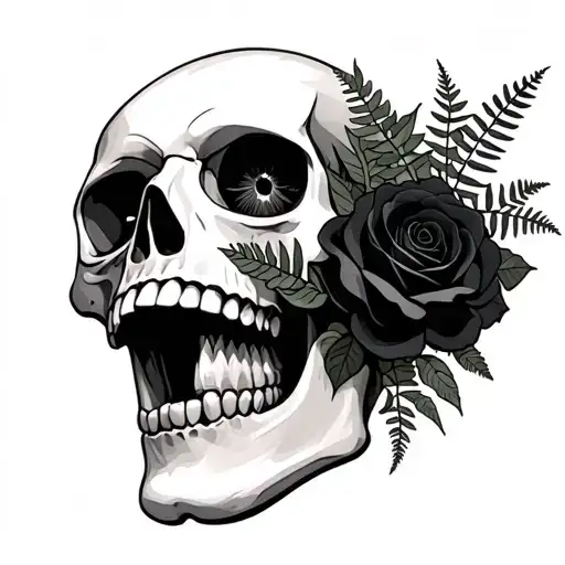 a skull with its jaw open with ferns and black roses protruding from the eye holes and mouth tattoo design idea