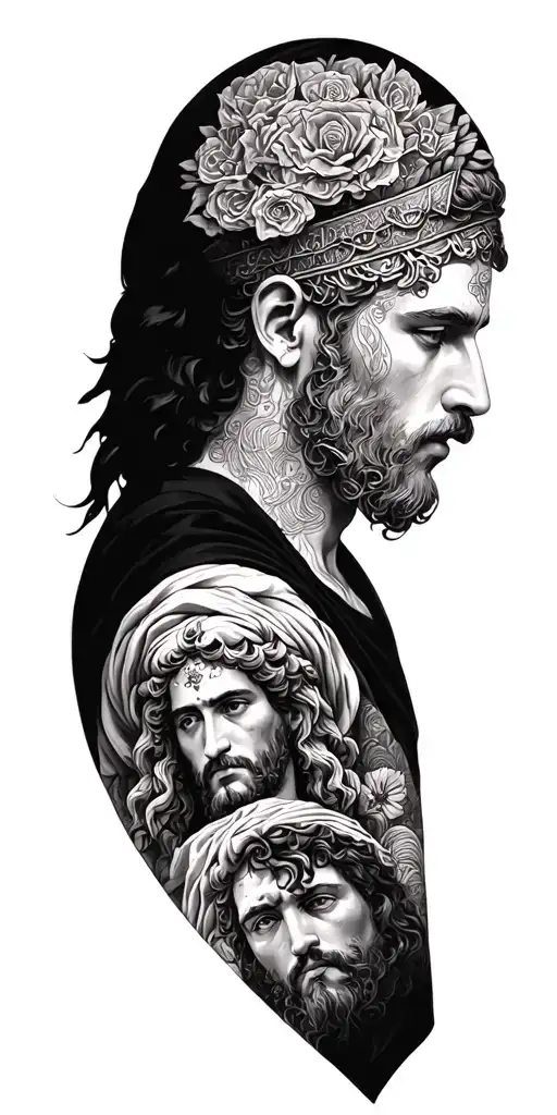 FUll sleeve with multiple images blended together using strong masculine biblical archetypes/ancient rome tattoo design idea