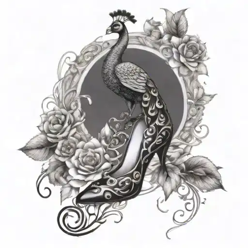 stiletto shoe and peacock linked together by vines tattoo design idea