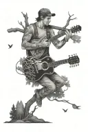 guy playing guitar in woods surrounded tattoo design idea
