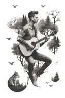 guy playing guitar in woods surrounded tattoo design idea