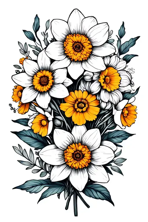 marigold daffodil chrysanthemum bouquet tattoo design idea