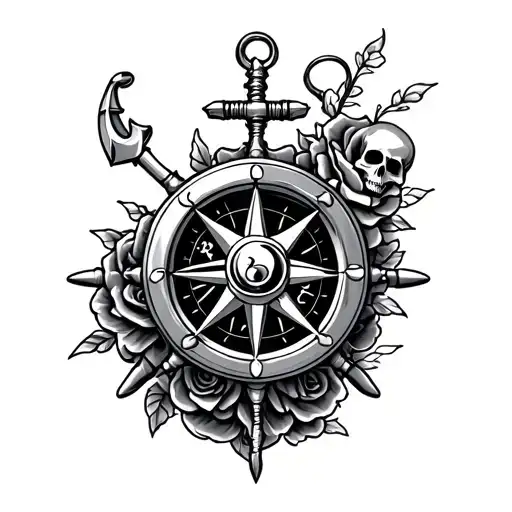 sailer Jerry style nautical forearm tattoo with ship wheel compass ocean waves and anchor roses and skull tattoo design idea