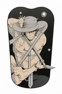 Zoro's 3 swords from One Piece with Luffy's hat on one of the hilts tattoo design idea