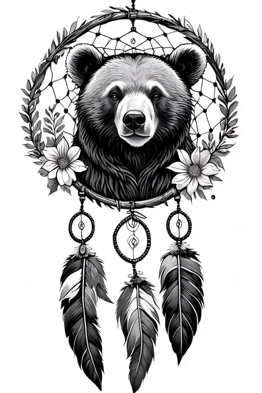 .dreamcatcher with bear, florals around edge tattoo design idea