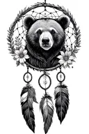 .dreamcatcher with bear, florals around edge tattoo design idea