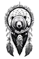 .dreamcatcher with bear, florals around edge tattoo design idea