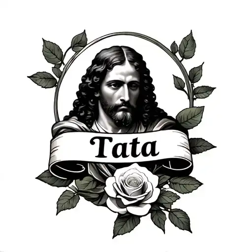 I want saint Judas and below him a ribbon saying "Tata" and below the ribbon a rose tattoo design idea