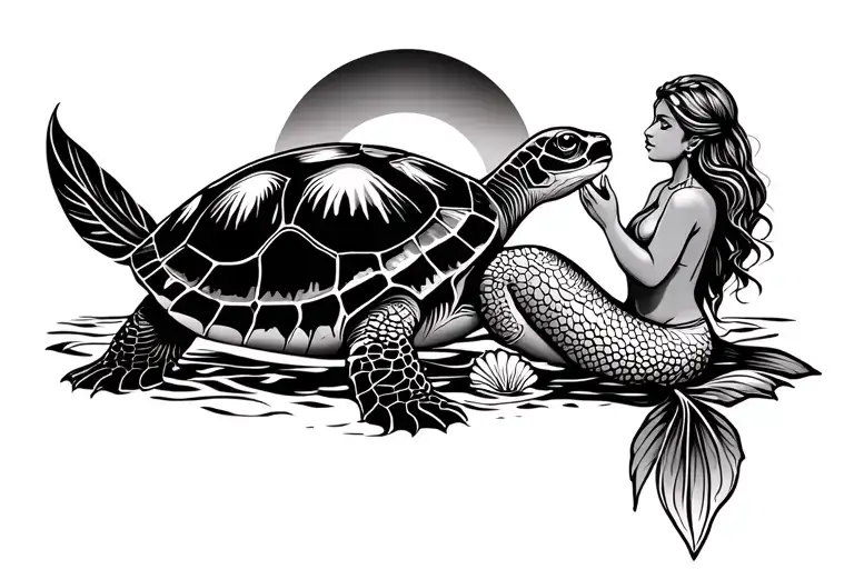 a turtle and a mermaid sitting holding a sea shell staring forward at the sun set Hawaiian tribal style  tattoo design idea