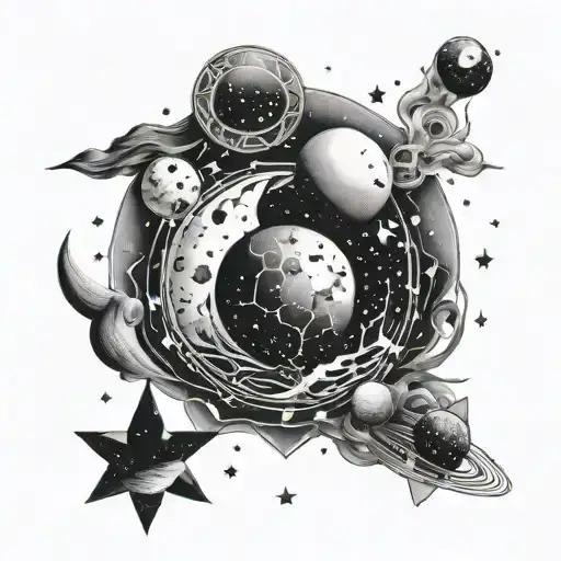 ampulheta Universe of stars and moons tattoo design idea