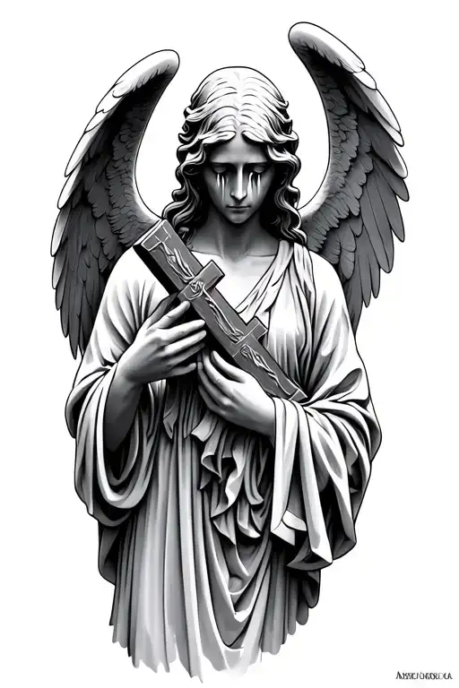 Weeping Angel holding a cross sheading tears tattoo design idea