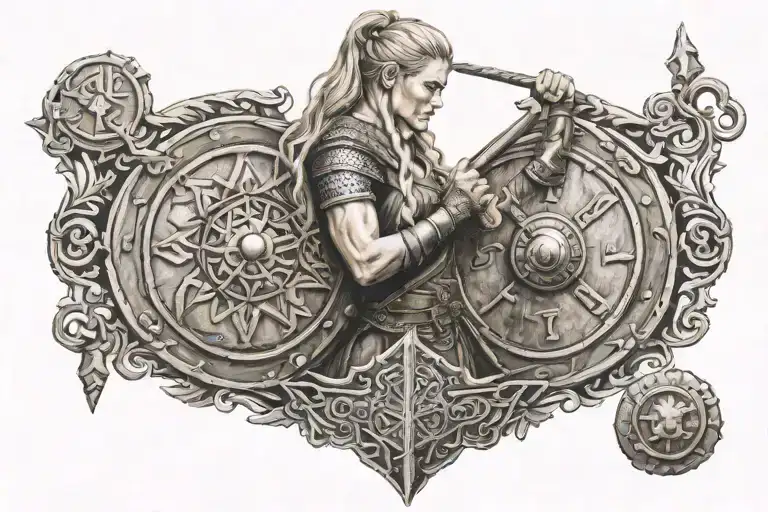shield maiden turned to the side holding a barbell with Norse symbols representing power and strength incorporated  tattoo design idea