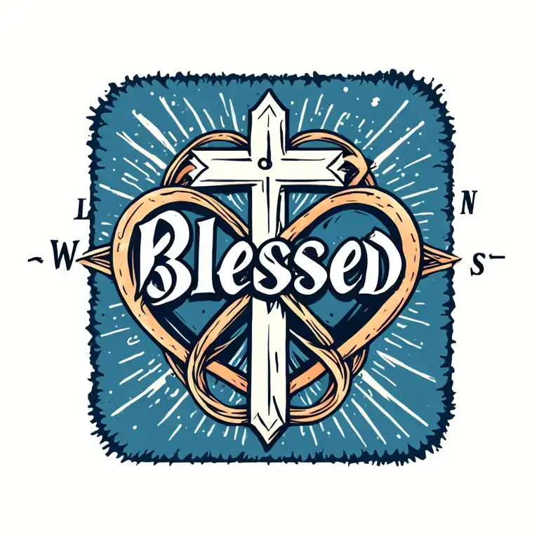 "Blessed" cross wrapped, heart surrounded, infinity symbol, moral compass tattoo design idea