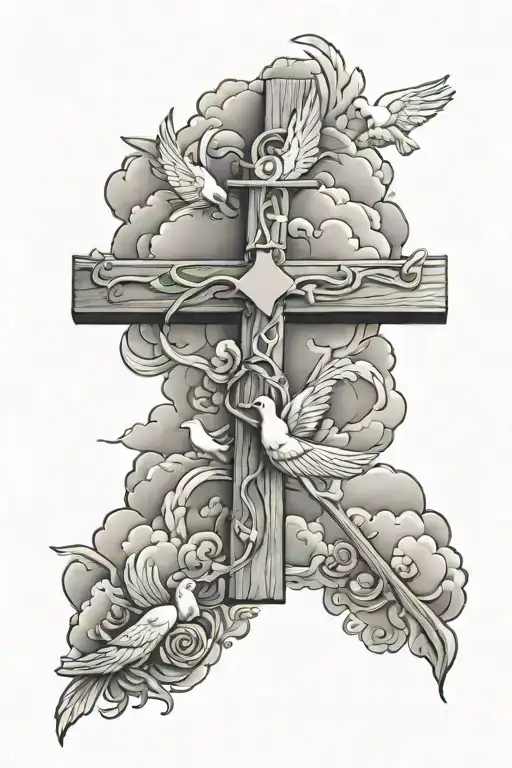 Arm Sleeve Tattoo realistic with doves flying, clouds, and a wooden cross tattoo design idea