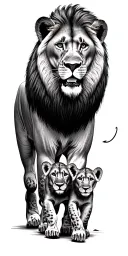 lion with 2 cubs walking, family posing together happy tattoo design idea
