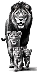 lion with 2 cubs walking, family posing together happy tattoo design idea