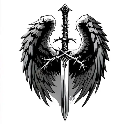 angel wings with sword wrapped in thorns tattoo design idea