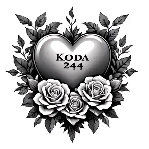 Name tattoo "Koda 244" with a heart surrounded and roses tattoo design idea