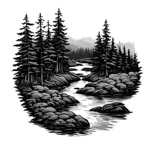 winding creek through pine thicket tattoo design idea