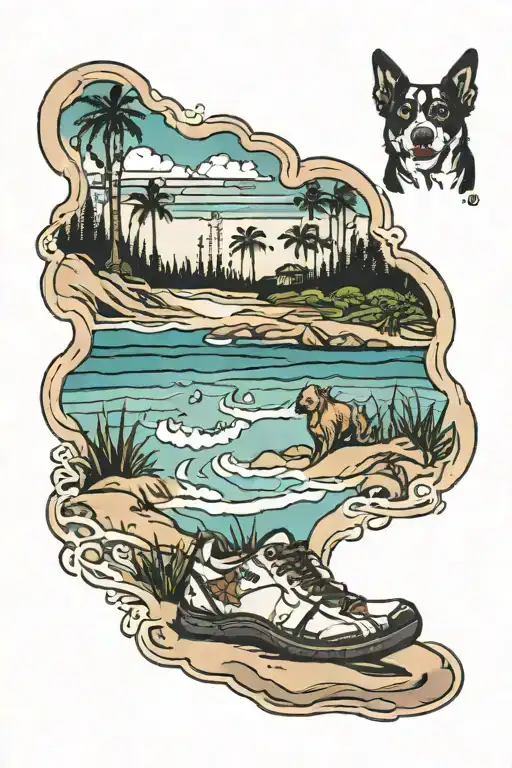 foot prints and dog print on the beach landscape tattoo design idea