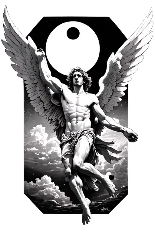 Icarus, with his fake wings, falling, with the sun above him tattoo design idea