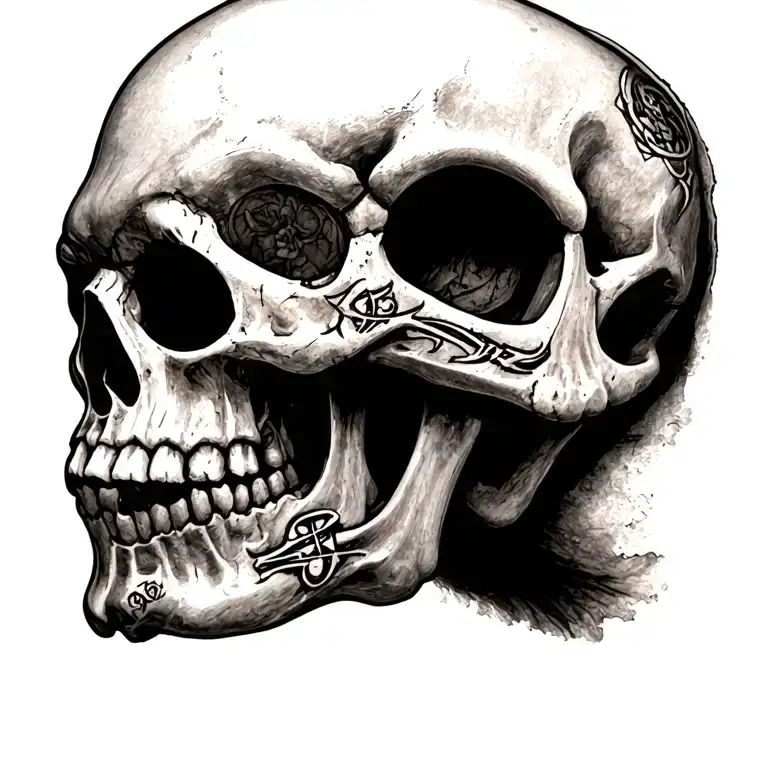 skull and runes engraved tattoo design idea