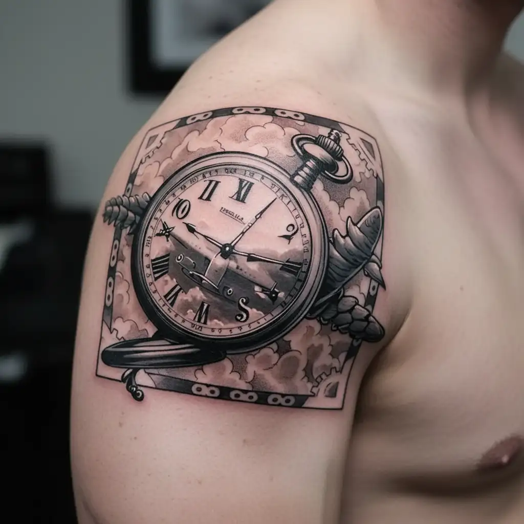 pocket watch with airplane as hour hand tattoo tattoo design idea