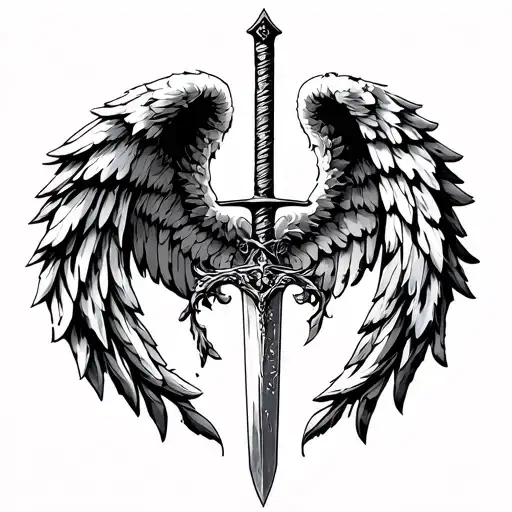 From top to bottom: Angel wing, then sword broken in vertical, 1/2 laurel wreath and 1/2 spine crown, tattoo design idea