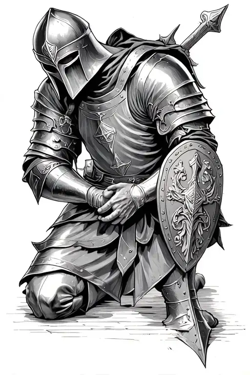 Templar knight kneeling praying with hand on a shield tattoo design idea