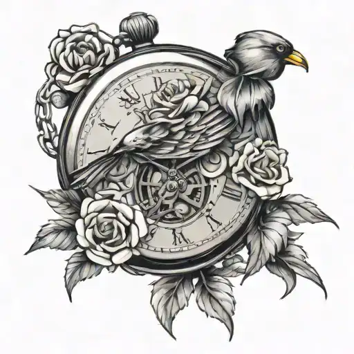 a broken pocket watch where the time is stopped at 6:05, with a mix of suculante flowers with the bird of the after life tattoo design idea