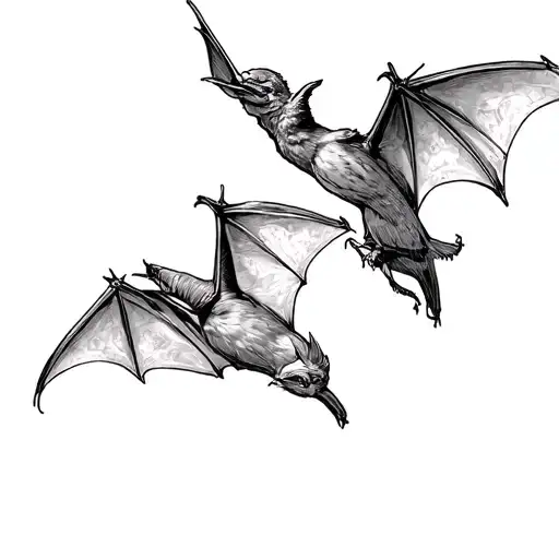 A bat and a bird flying together, one upside down and the other one upside up. The setting is realistic fantasy tattoo design idea