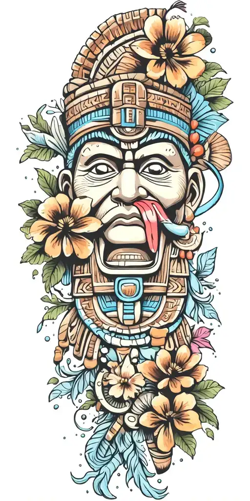  Mayan warrior tongue out on tongue flowers water Mayan tribal pattern mushrooms trippy  tattoo design idea