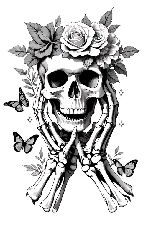 skeleton hands gripping a skull with an open mouth and have roses and ither flowers and butterflies incorperated into it tattoo design idea