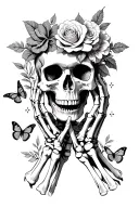 skeleton hands gripping a skull with an open mouth and have roses and ither flowers and butterflies incorperated into it tattoo design idea