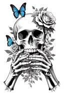 skeleton hands gripping a skull with an open mouth and have roses and ither flowers and butterflies incorperated into it tattoo design idea