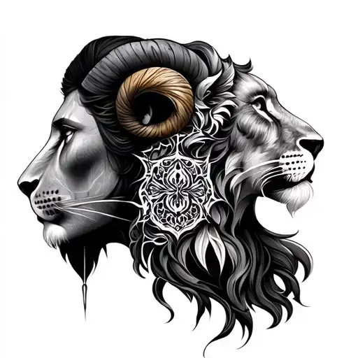Leo and Aries half face tattoo design idea