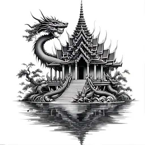 thailand temple surrounded by water dragon and family tree tattoo design idea