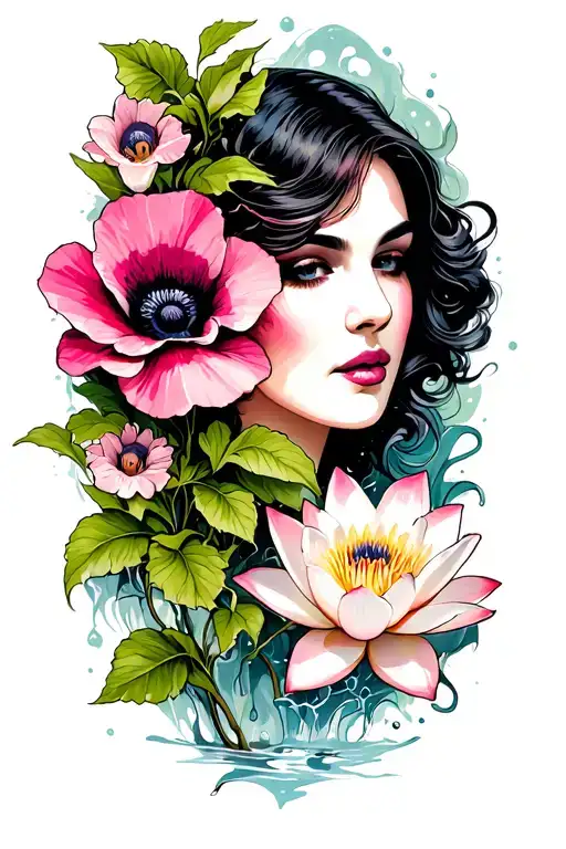 "Maxine" "Maxine" morning glory flower vine, poppy flower, water lily flower, piano keys, woman's face tattoo design idea