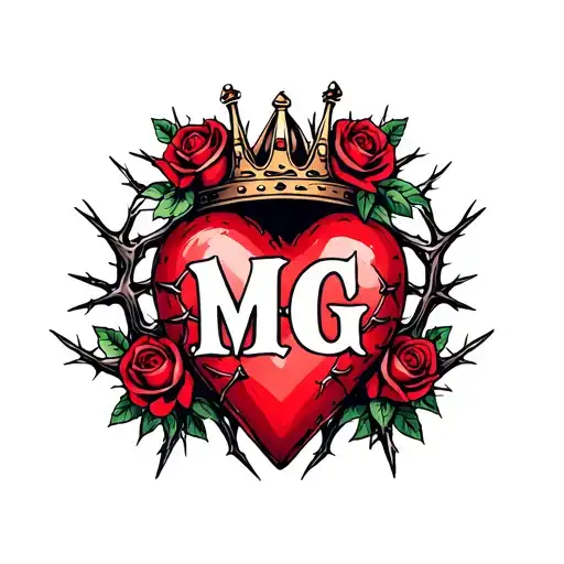 "M G" heart surrounded by thorns and roses with a crown adorned tattoo design idea