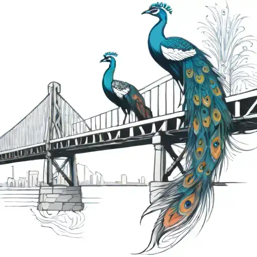 black and white wooden bridge with colorful peacock feather  tattoo design idea