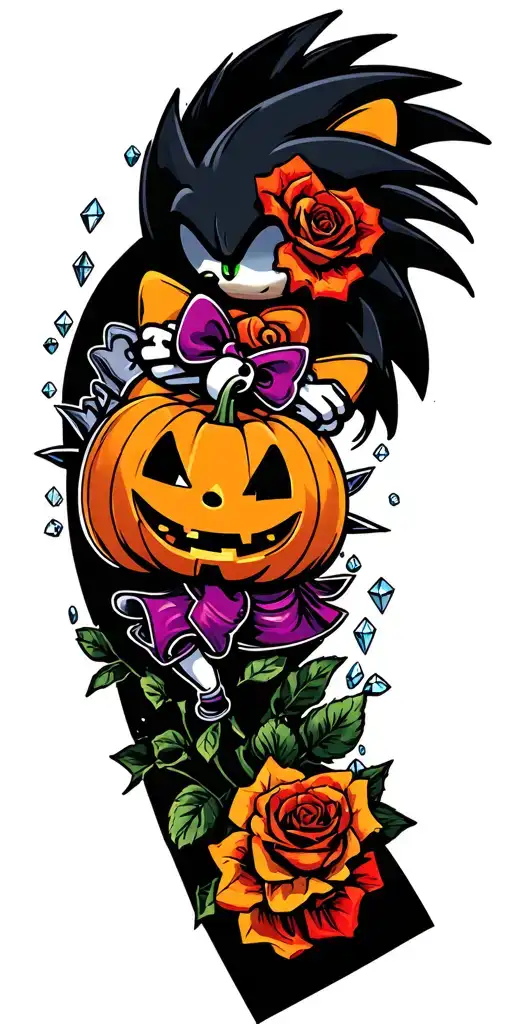 Sonic, Hello Kitty, jack-o-lantern, roses, diamonds, colorful sleeve tattoo tattoo design idea