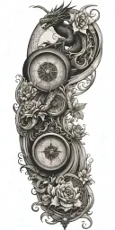 architecture patterns with water waves flowing, flowers, dragons, compass, balance, and perspective  tattoo design idea