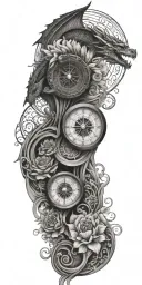 architecture patterns with water waves flowing, flowers, dragons, compass, balance, and perspective  tattoo design idea