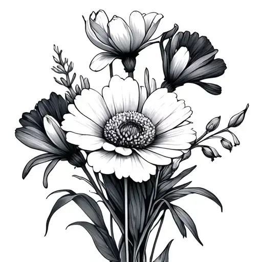 minimalistic bouquet with 2 carnations, 2 cosmos, iris and narcissus tattoo design idea